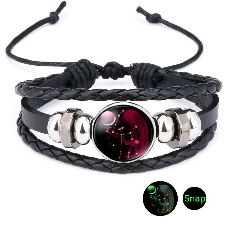 Pulseira do Zodiaco de Couro de Vaca e Pedra do Tempo Purificadora