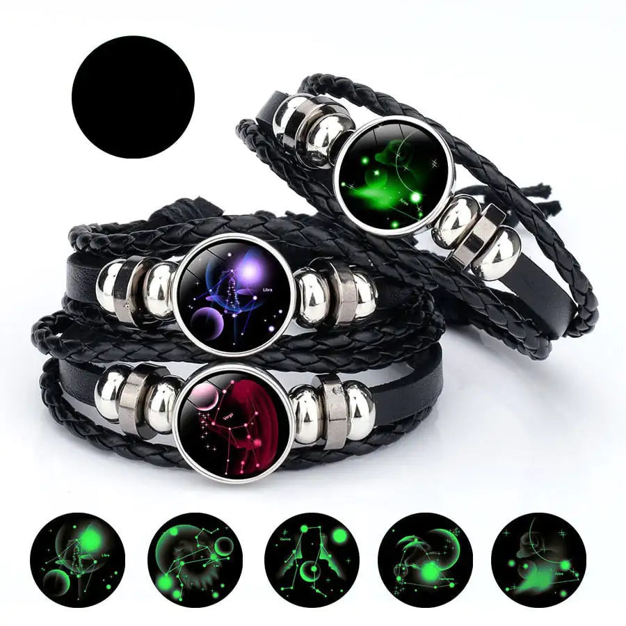 Pulseira do Zodiaco de Couro de Vaca e Pedra do Tempo Purificadora