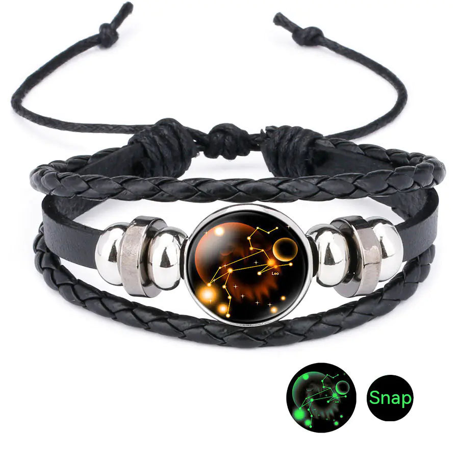 Pulseira do Zodiaco de Couro de Vaca e Pedra do Tempo Purificadora