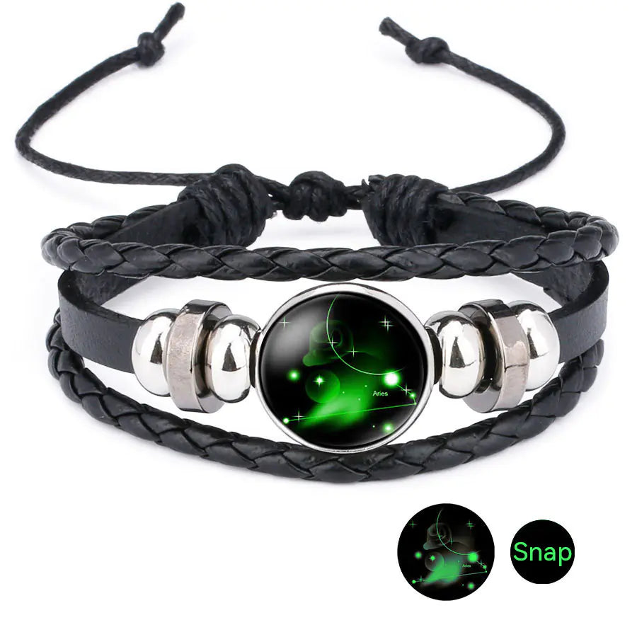 Pulseira do Zodiaco de Couro de Vaca e Pedra do Tempo Purificadora