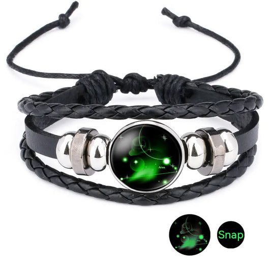 Pulseira do Zodiaco de Couro de Vaca e Pedra do Tempo Purificadora