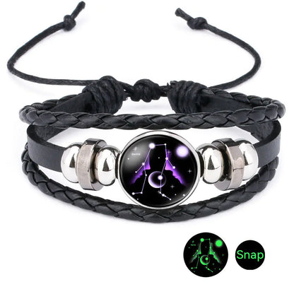 Pulseira do Zodiaco de Couro de Vaca e Pedra do Tempo Purificadora